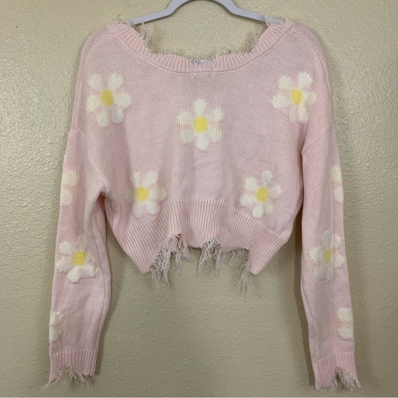 Rue 21 Light Pink Cropped Oversized Frayed  Hem Daisy Print Knit Sweater Size S - Picture 3 of 7